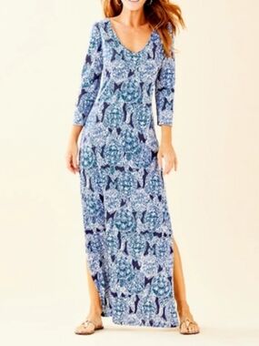 Lilly Pulitzer Anissa Maxi Dress sz XS  Indigo Snap To It Blue Turtles V Neck